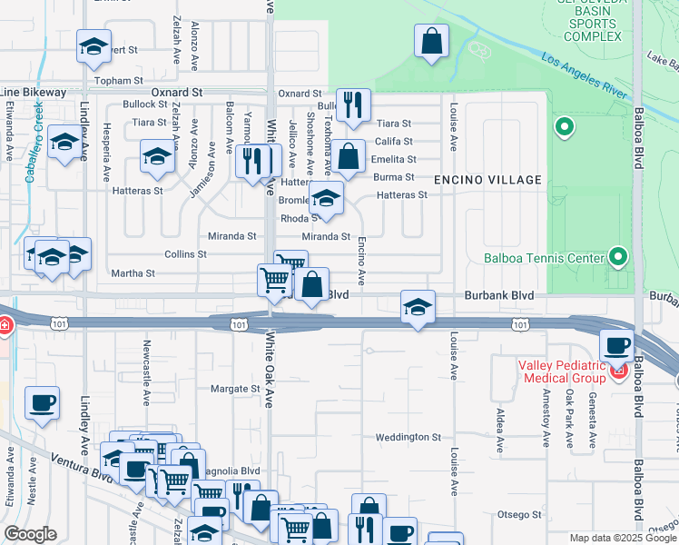 map of restaurants, bars, coffee shops, grocery stores, and more near 17522 Martha Street in Los Angeles