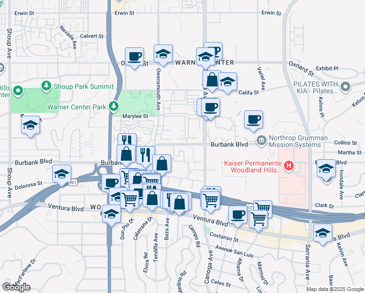 map of restaurants, bars, coffee shops, grocery stores, and more near 21550 Burbank Blvd in Woodland Hills