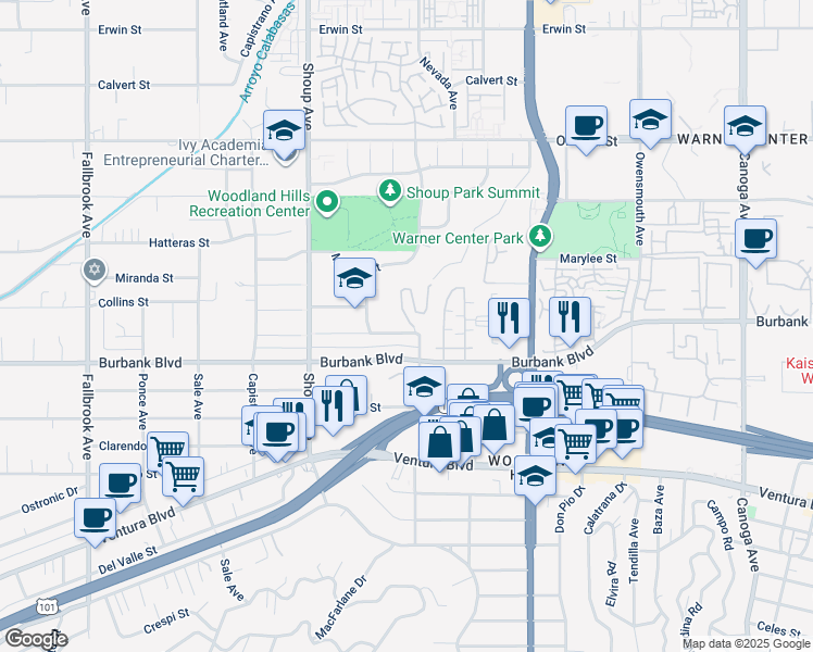 map of restaurants, bars, coffee shops, grocery stores, and more near 5631 Como Circle in Los Angeles