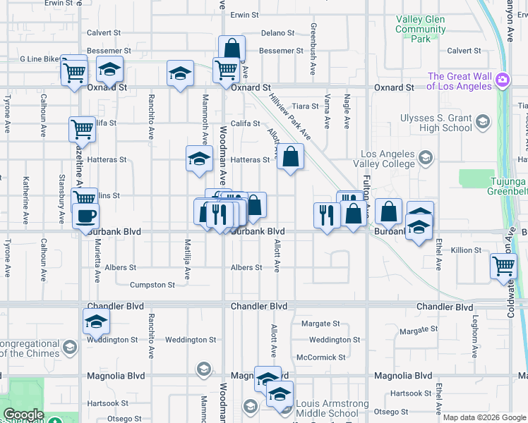 map of restaurants, bars, coffee shops, grocery stores, and more near 5625 Ventura Canyon Avenue in Los Angeles