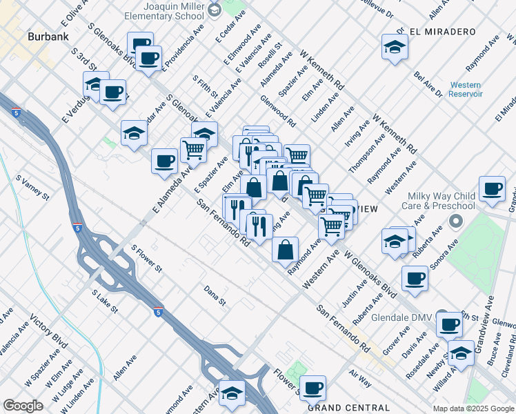 map of restaurants, bars, coffee shops, grocery stores, and more near 1049 Allen Avenue in Glendale
