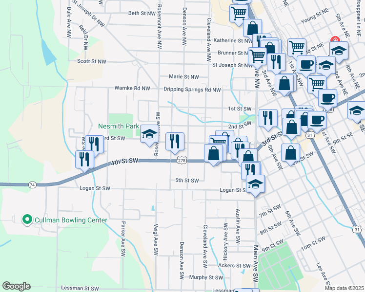 map of restaurants, bars, coffee shops, grocery stores, and more near 1402 3rd Street Southwest in Cullman