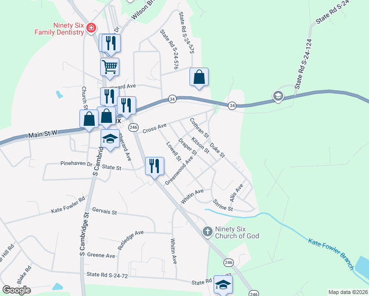 map of restaurants, bars, coffee shops, grocery stores, and more near 106 Draper Street in Ninety Six