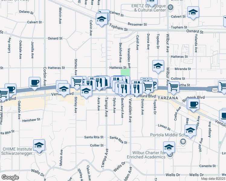 map of restaurants, bars, coffee shops, grocery stores, and more near 19239 Ventura Boulevard in Los Angeles