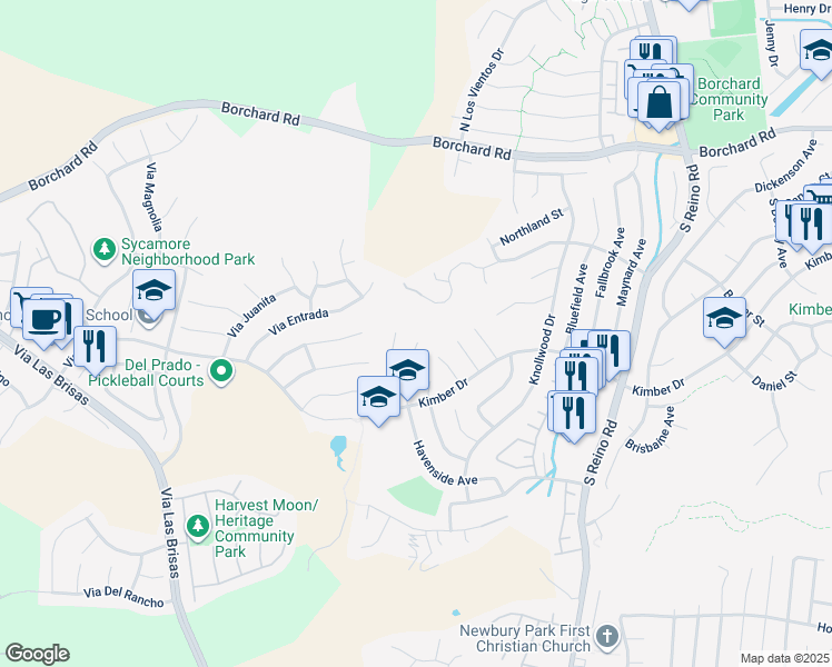 map of restaurants, bars, coffee shops, grocery stores, and more near 341 Havenside Avenue in Thousand Oaks