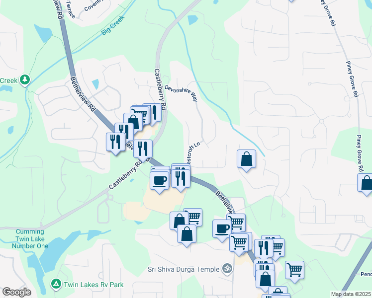 map of restaurants, bars, coffee shops, grocery stores, and more near 5910 Westcroft Lane in Cumming