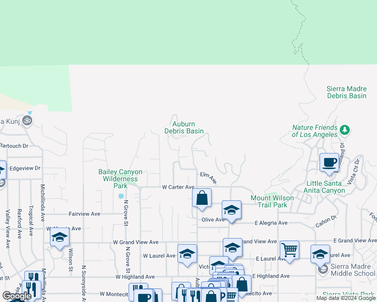 map of restaurants, bars, coffee shops, grocery stores, and more near 603 Auburn Avenue in Sierra Madre