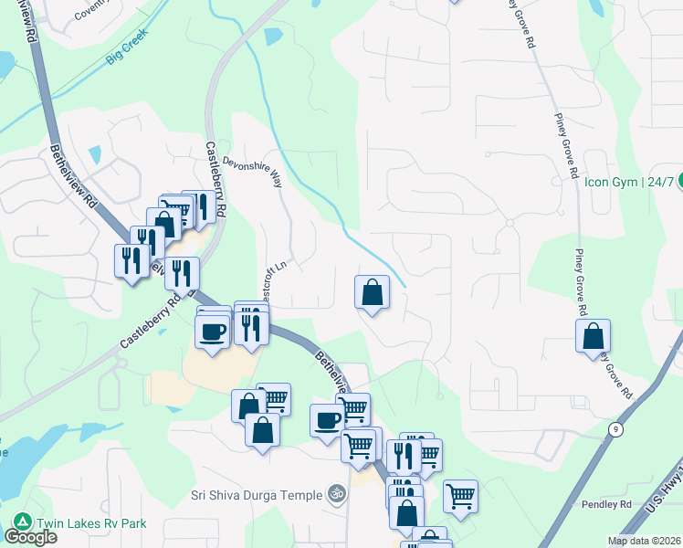 map of restaurants, bars, coffee shops, grocery stores, and more near 6290 Sturbridge Lane in Cumming