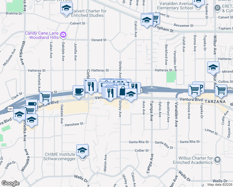 map of restaurants, bars, coffee shops, grocery stores, and more near 19511 Ventura Boulevard in Los Angeles
