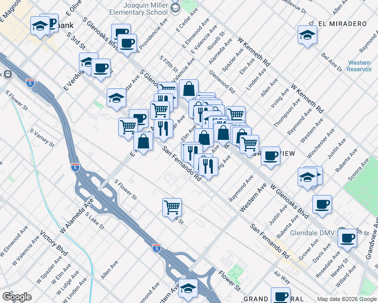map of restaurants, bars, coffee shops, grocery stores, and more near 1025 Linden Avenue in Glendale