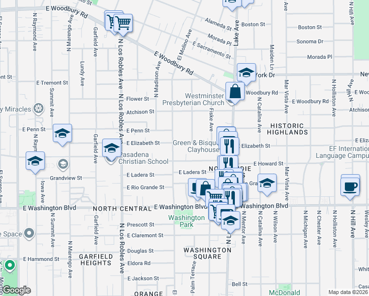 map of restaurants, bars, coffee shops, grocery stores, and more near 728 East Elizabeth Street in Pasadena