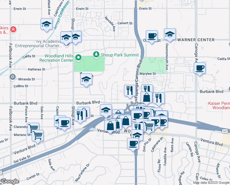 map of restaurants, bars, coffee shops, grocery stores, and more near 22135 Burbank Boulevard in Los Angeles