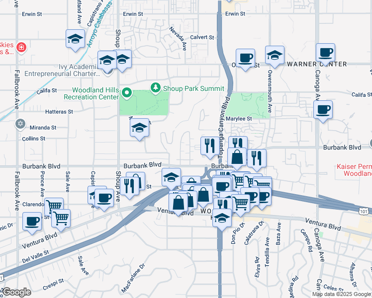 map of restaurants, bars, coffee shops, grocery stores, and more near 5628 Farralone Avenue in Los Angeles