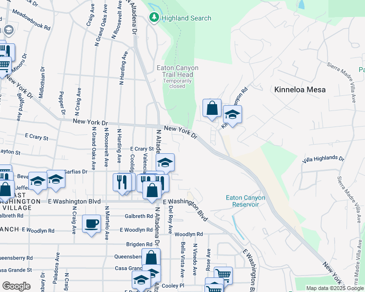 map of restaurants, bars, coffee shops, grocery stores, and more near 1510 Creekside Court in Pasadena