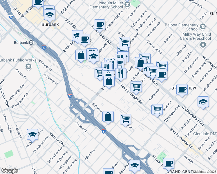map of restaurants, bars, coffee shops, grocery stores, and more near 116 East Alameda Avenue in Burbank