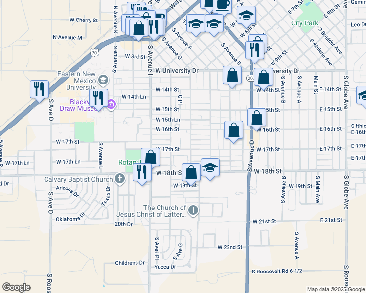 map of restaurants, bars, coffee shops, grocery stores, and more near 729 West 17th Street in Portales
