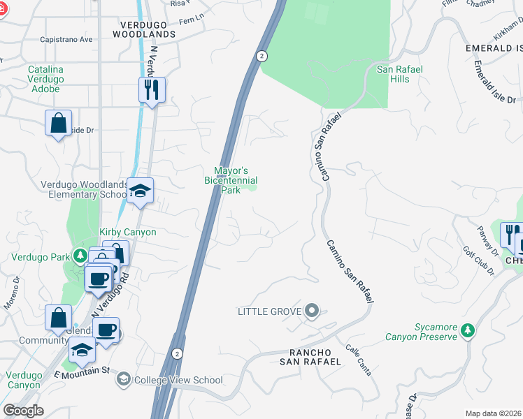 map of restaurants, bars, coffee shops, grocery stores, and more near 1745 Hillfair Drive in Glendale