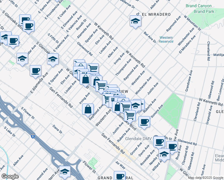 map of restaurants, bars, coffee shops, grocery stores, and more near 1133 Raymond Avenue in Glendale