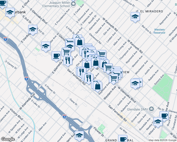 map of restaurants, bars, coffee shops, grocery stores, and more near 1049 Allen Avenue in Glendale