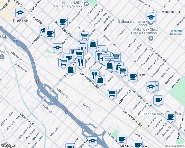 map of restaurants, bars, coffee shops, grocery stores, and more near 1028 Linden Avenue in Glendale