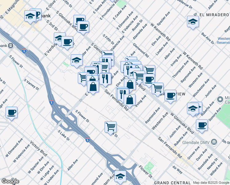 map of restaurants, bars, coffee shops, grocery stores, and more near in Glendale
