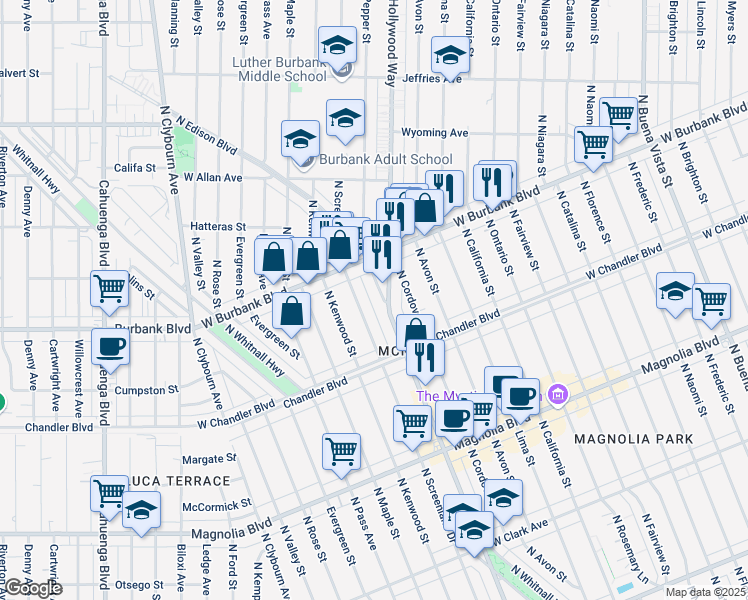 map of restaurants, bars, coffee shops, grocery stores, and more near 1307 North Hollywood Way in Burbank