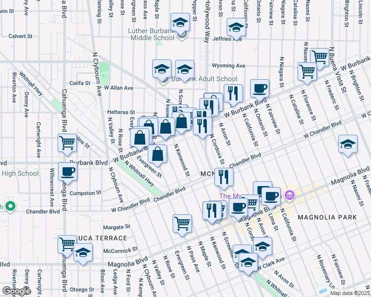 map of restaurants, bars, coffee shops, grocery stores, and more near 1320 North Kenwood Street in Burbank