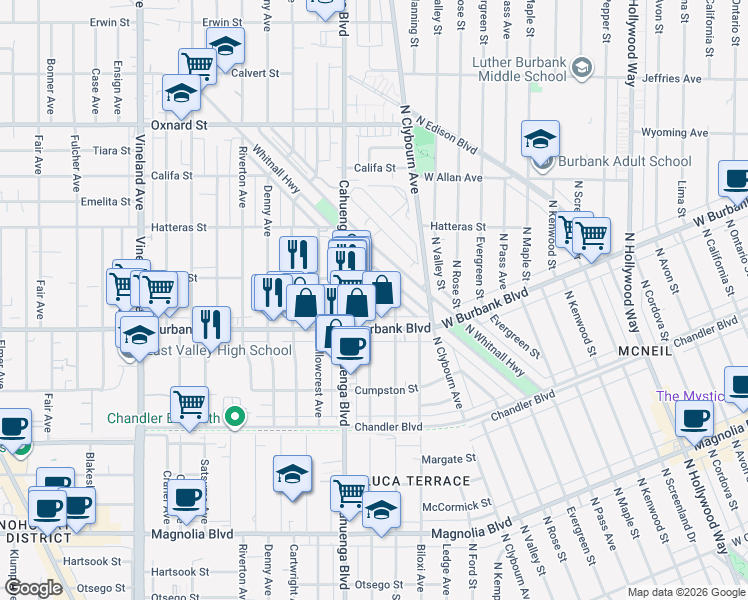 map of restaurants, bars, coffee shops, grocery stores, and more near 5628 Auckland Avenue in Los Angeles