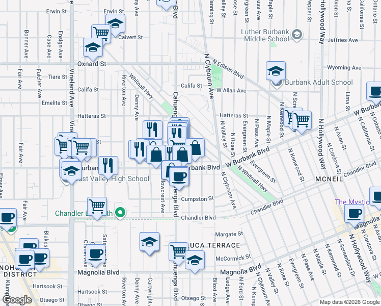 map of restaurants, bars, coffee shops, grocery stores, and more near 5628 Auckland Avenue in Los Angeles