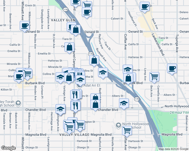 map of restaurants, bars, coffee shops, grocery stores, and more near 11942 Martha Street in Los Angeles