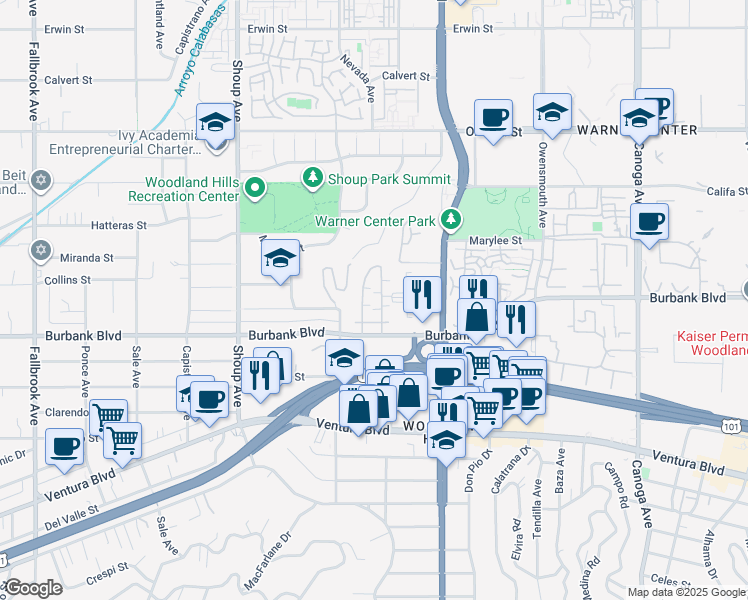 map of restaurants, bars, coffee shops, grocery stores, and more near 5628 Farralone Avenue in Los Angeles