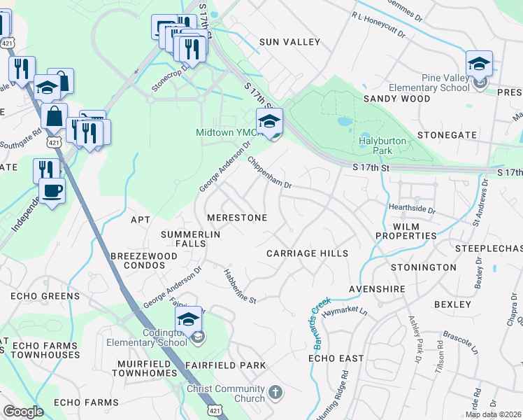 map of restaurants, bars, coffee shops, grocery stores, and more near 3807 Merestone Drive in Wilmington