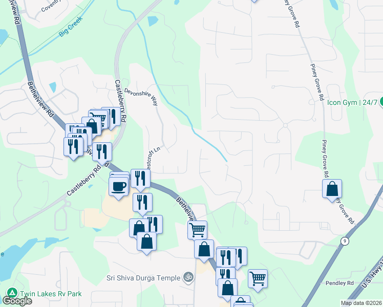 map of restaurants, bars, coffee shops, grocery stores, and more near 6290 Sturbridge Lane in Cumming