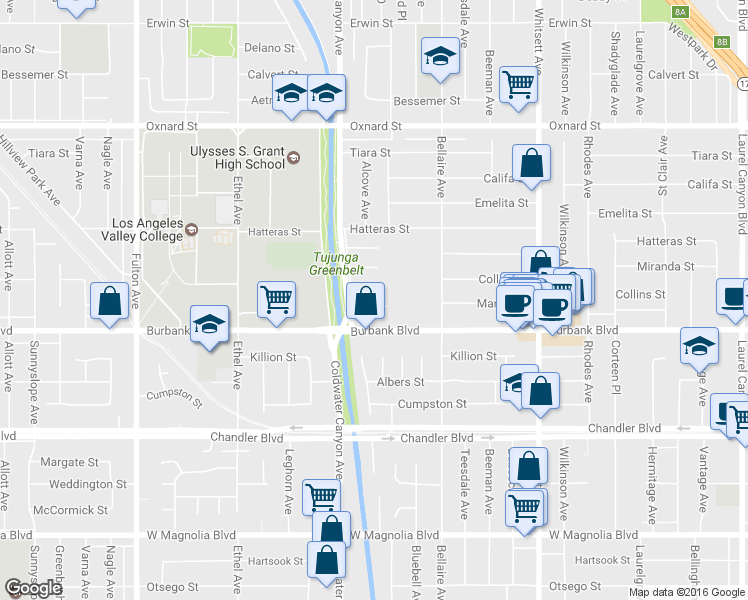 map of restaurants, bars, coffee shops, grocery stores, and more near 12815 Martha Street in Los Angeles