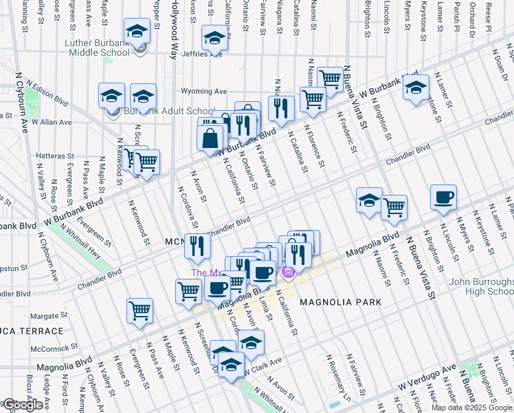 map of restaurants, bars, coffee shops, grocery stores, and more near 3205 West Chandler Boulevard in Burbank