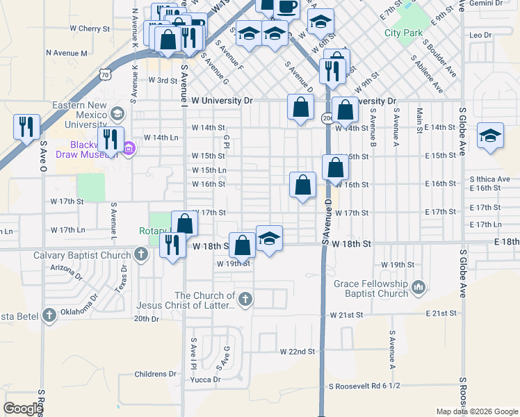 map of restaurants, bars, coffee shops, grocery stores, and more near 725 West 17th Street in Portales