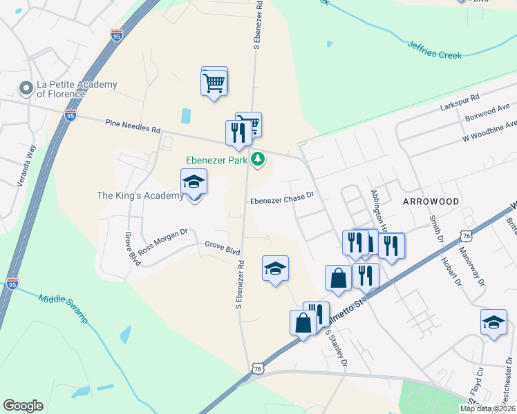 map of restaurants, bars, coffee shops, grocery stores, and more near 3410 Ebenezer Chase Drive in Florence