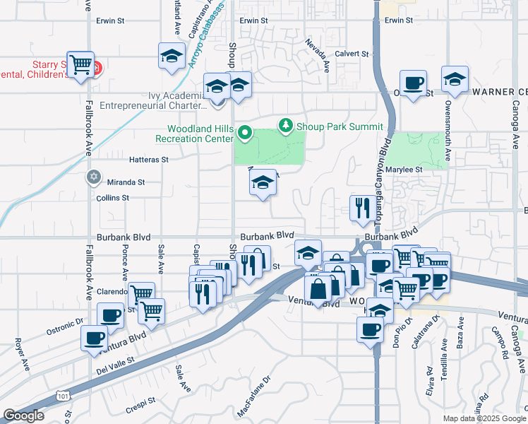 map of restaurants, bars, coffee shops, grocery stores, and more near 22321 Collins Street in Los Angeles