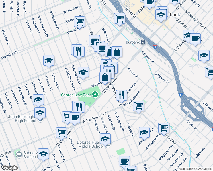 map of restaurants, bars, coffee shops, grocery stores, and more near 917 West Olive Avenue in Burbank