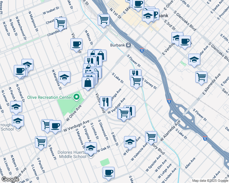 map of restaurants, bars, coffee shops, grocery stores, and more near 241 West Tujunga Avenue in Burbank