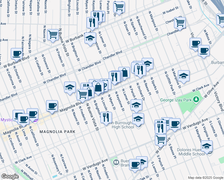 map of restaurants, bars, coffee shops, grocery stores, and more near 2109 West Magnolia Boulevard in Burbank