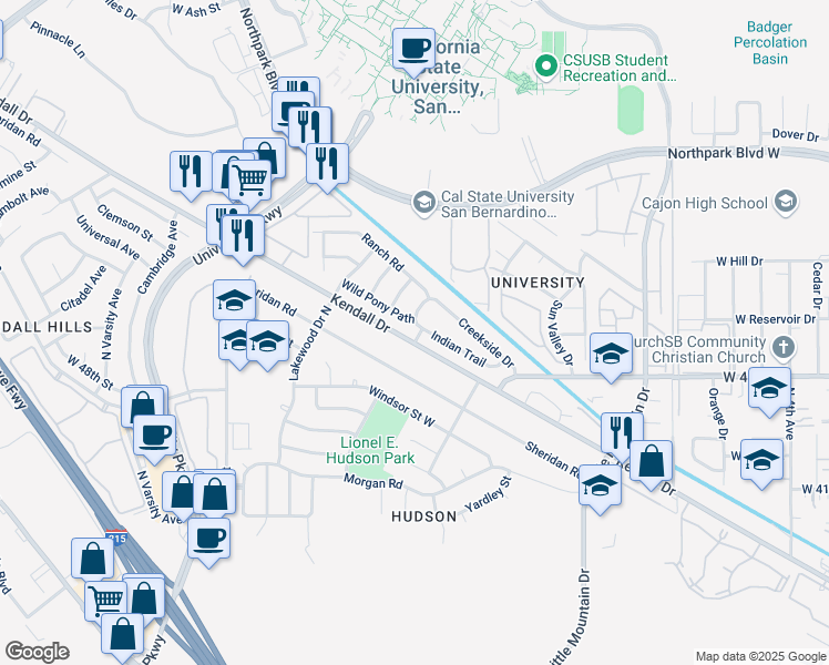 map of restaurants, bars, coffee shops, grocery stores, and more near 1551 Indian Trail in San Bernardino