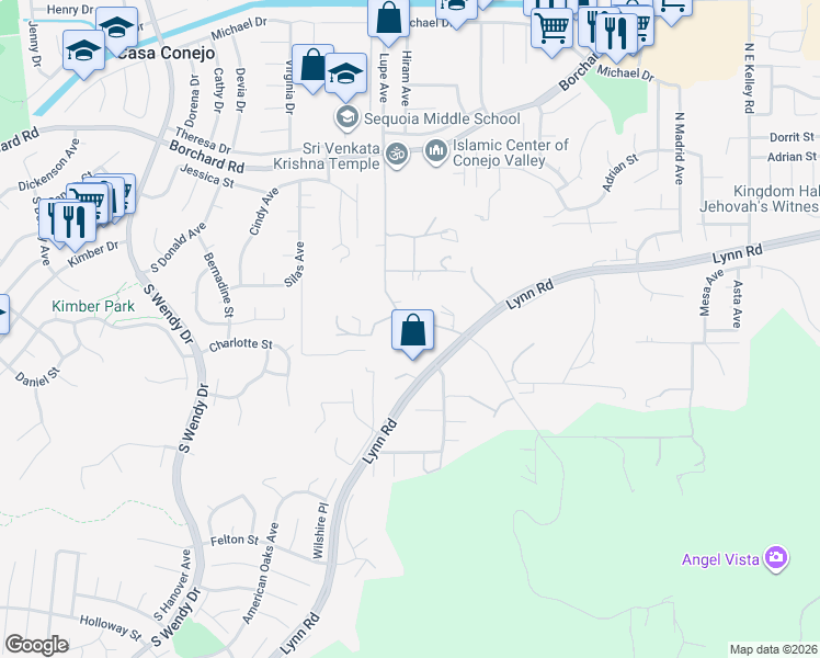 map of restaurants, bars, coffee shops, grocery stores, and more near 265 West Kelly Road in Thousand Oaks
