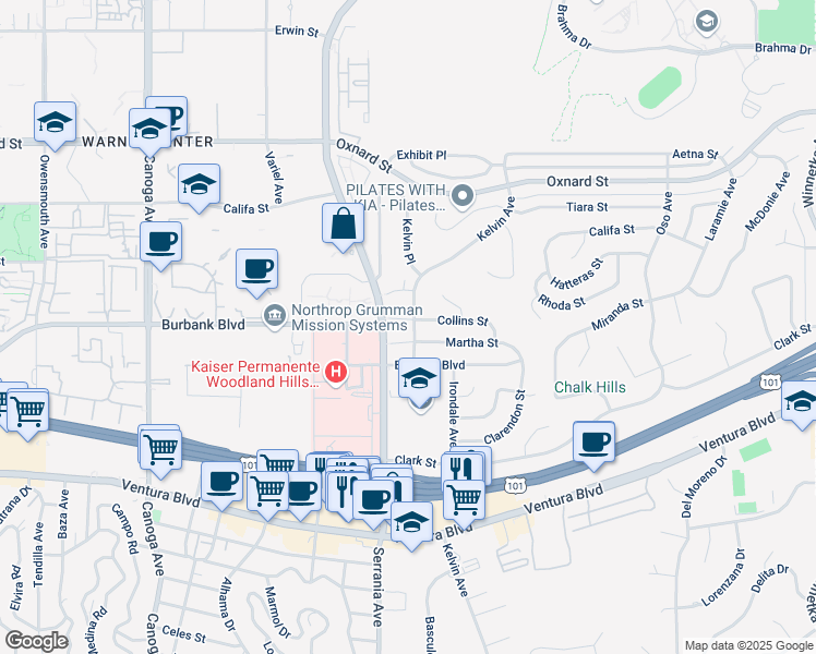 map of restaurants, bars, coffee shops, grocery stores, and more near 20850 Collins Street in Los Angeles