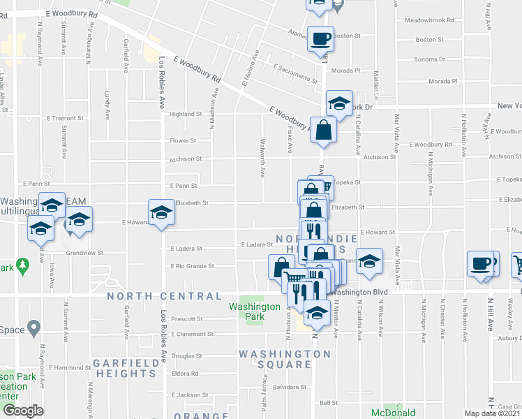 map of restaurants, bars, coffee shops, grocery stores, and more near 728 East Elizabeth Street in Pasadena