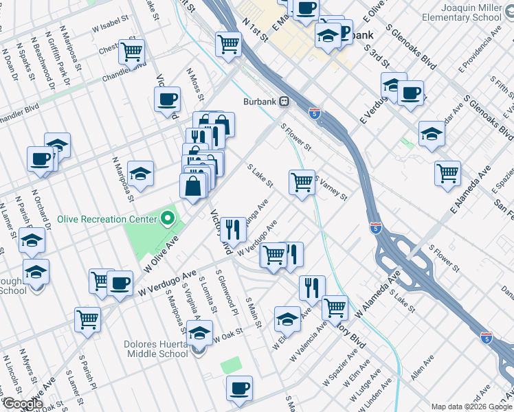 map of restaurants, bars, coffee shops, grocery stores, and more near 235 West Tujunga Avenue in Burbank