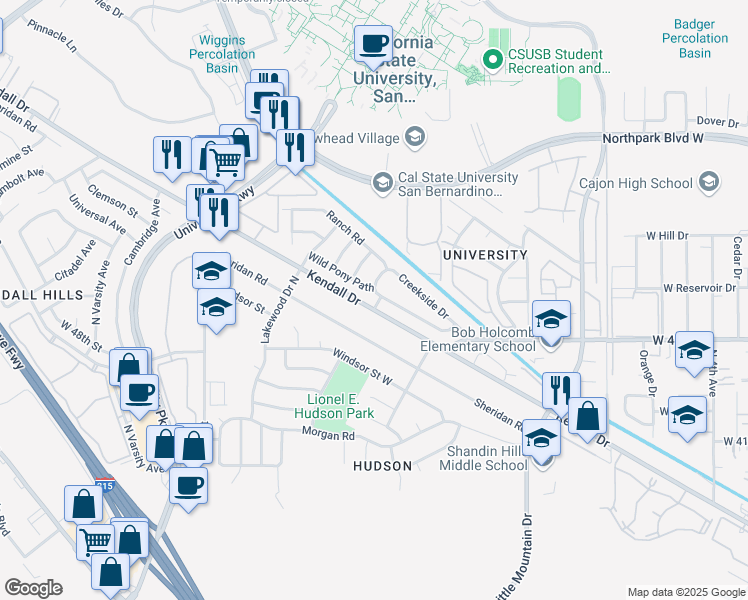 map of restaurants, bars, coffee shops, grocery stores, and more near 1551 Indian Trail in San Bernardino