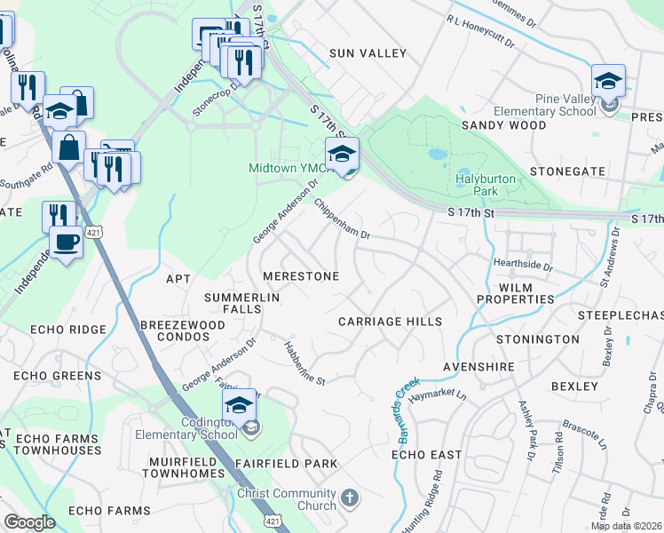 map of restaurants, bars, coffee shops, grocery stores, and more near 3807 Merestone Drive in Wilmington