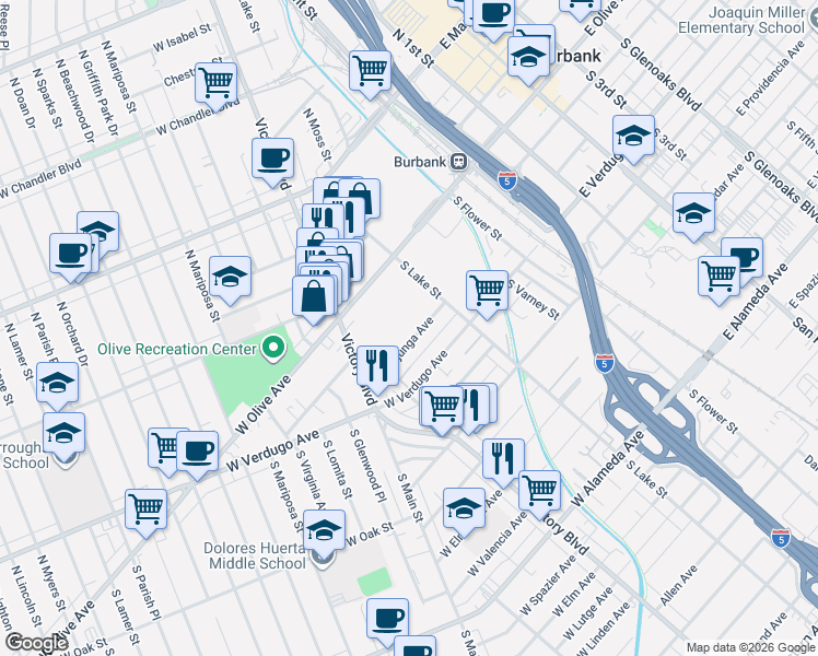 map of restaurants, bars, coffee shops, grocery stores, and more near 241 West Tujunga Avenue in Burbank