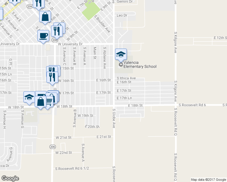 map of restaurants, bars, coffee shops, grocery stores, and more near 1614 South Globe Avenue in Portales
